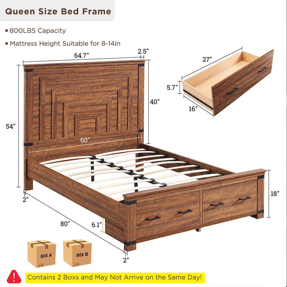 OKD Farmhouse Full/Queen/King Size Bed Frame, Geometric Headboard, 2 Large Storage Drawers