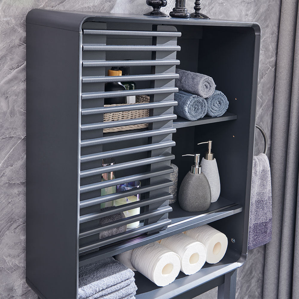 OKD Over The Toilet Storage Cabinet, 68" Tall Mid-Century Bathroom Organizer w/Adjustable Shelf, Slatted Sliding Door and Curved Edges