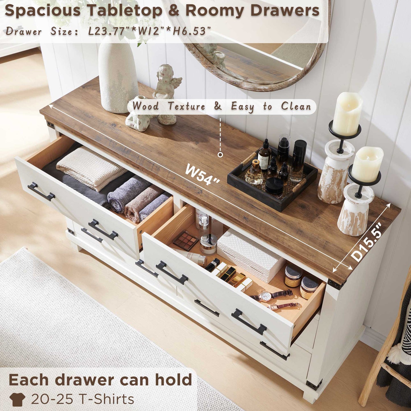 OKD Wood Farmhouse 6 Drawers Double Dresser for Bedroom