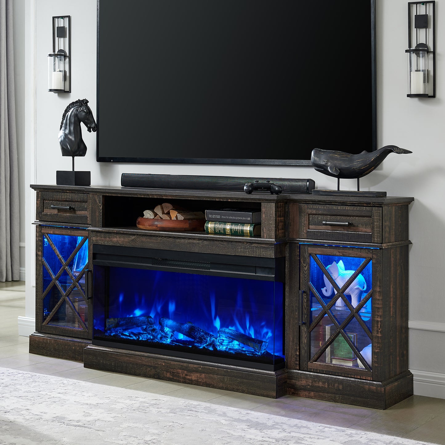 OKD 3-Sided Industrial Farmhouse Electric Fireplace TV Stand With Storage