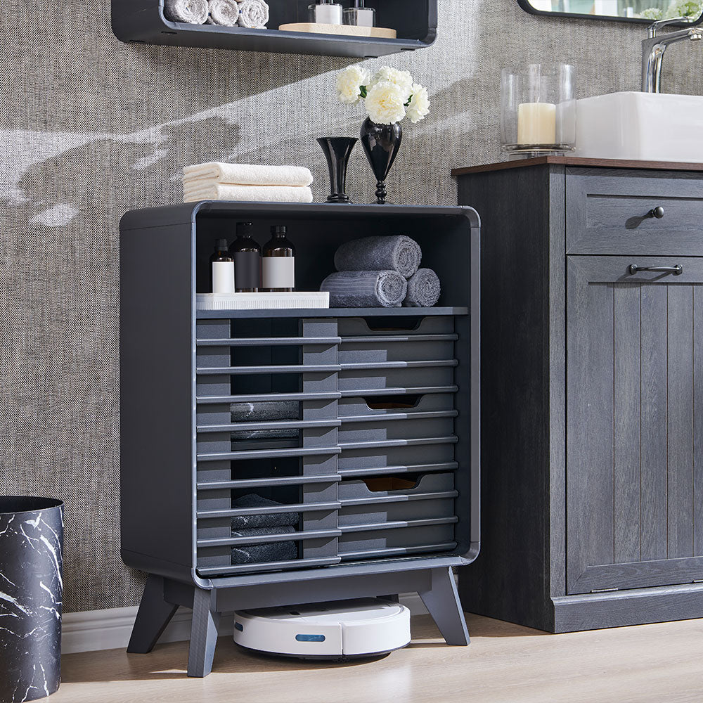 OKD Bathroom Cabinet w/3 Smooth Sliding Drawers, Storage Cabinet w/Slatted Sliding Door, Adjustable Shelf