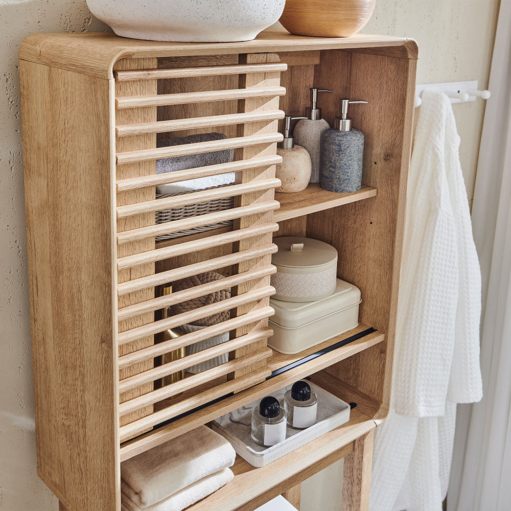 OKD Over The Toilet Storage Cabinet, 68" Tall Mid-Century Bathroom Organizer w/Adjustable Shelf, Slatted Sliding Door and Curved Edges