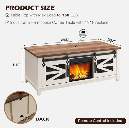 OKD 48''Farmhouse Coffee Table with 13'' Electric Fireplace Heater & Sliding Barn Doors