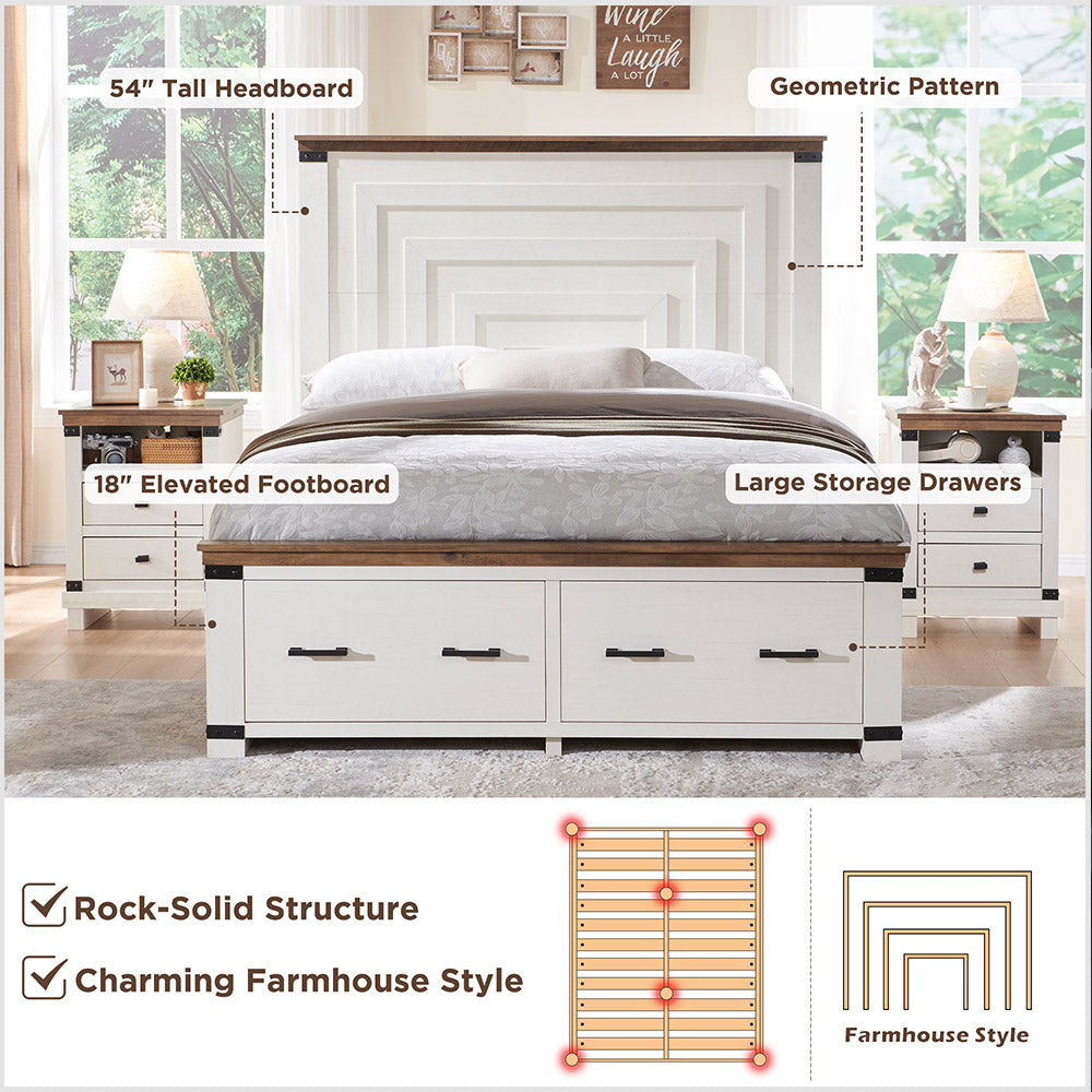 OKD Farmhouse Full/Queen/King Size Bed Frame, Geometric Headboard, 2 Large Storage Drawers