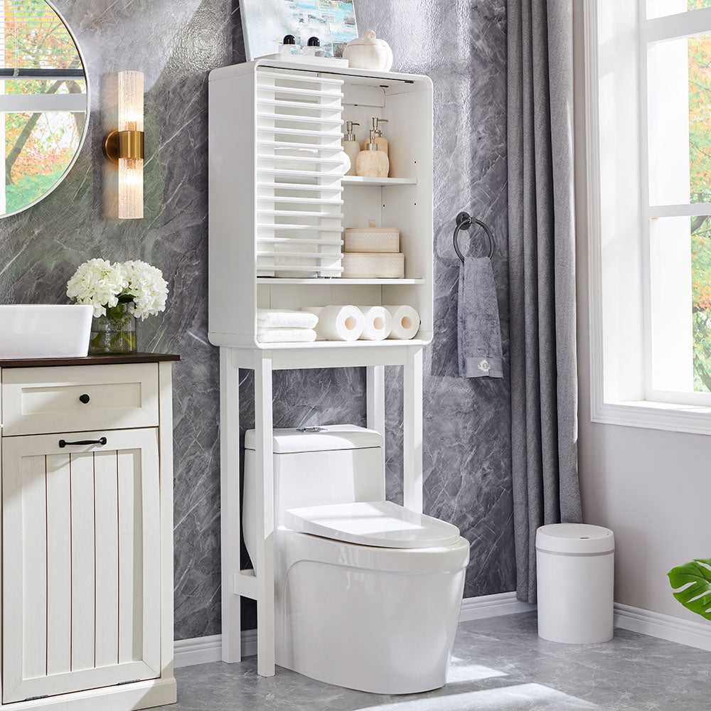 OKD Over The Toilet Storage Cabinet, 68" Tall Mid-Century Bathroom Organizer w/Adjustable Shelf, Slatted Sliding Door and Curved Edges