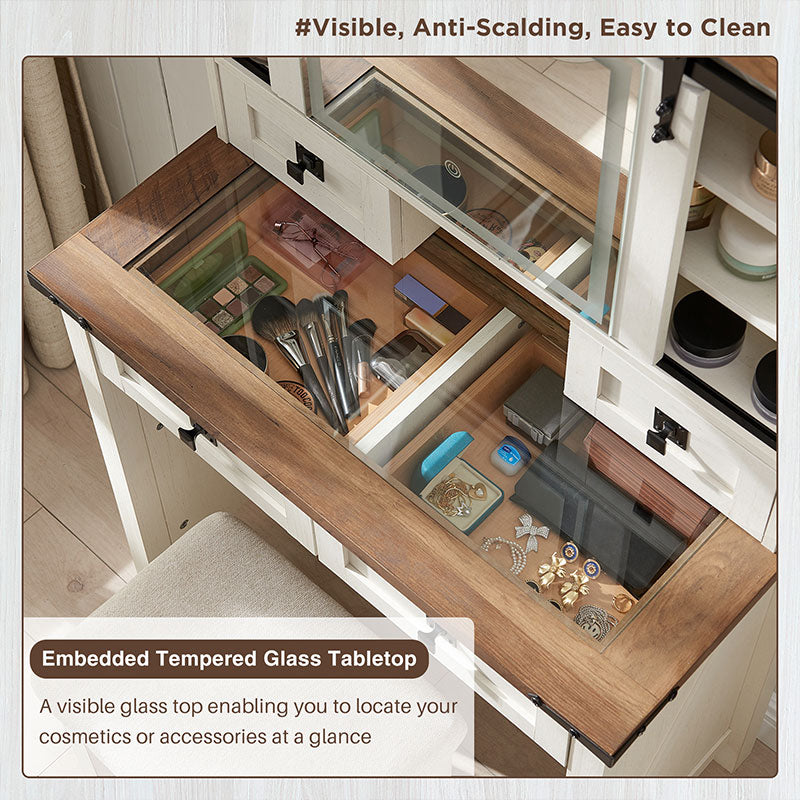 OKD Farmhouse 32 inch Makeup Vanity Desk with Sliding Mirror and Lights, Glass Tabletop