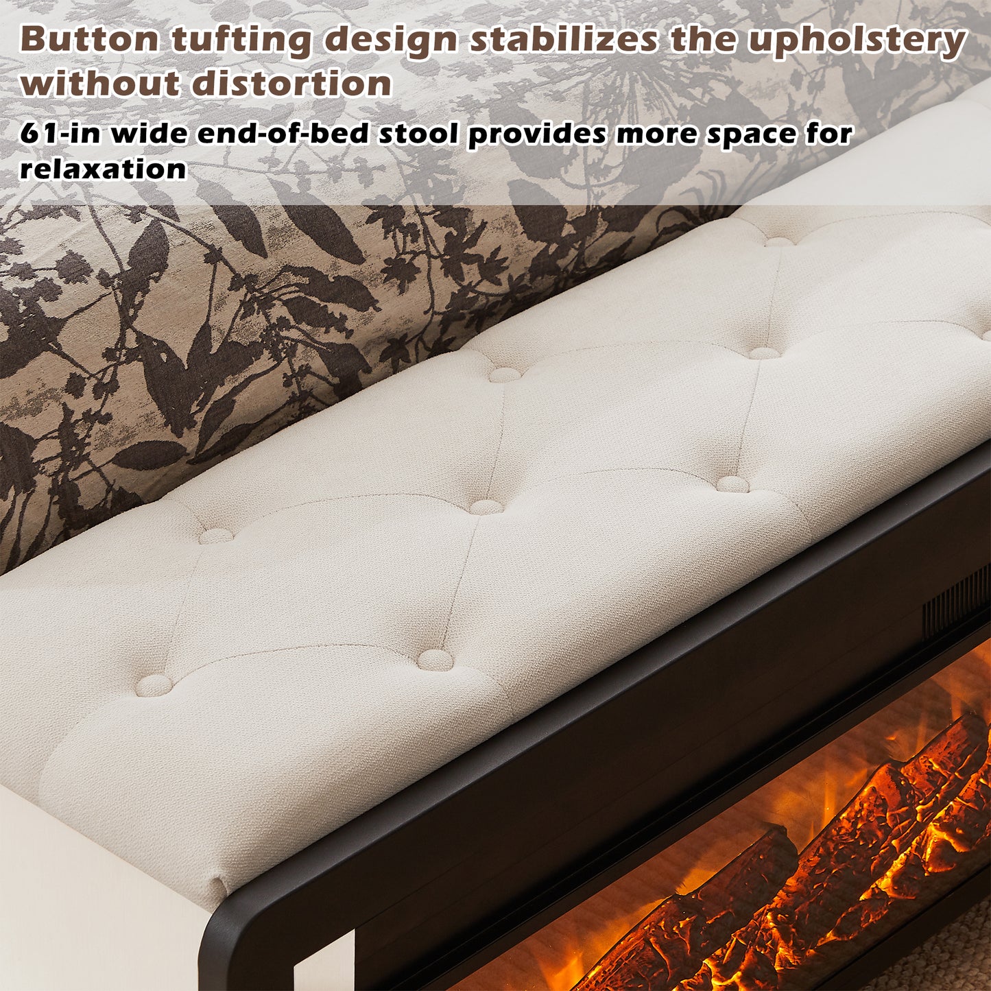 OKD Bed Frame with 48/54 Wide Electric Fireplace, Metal Platform with Button Upholstered Bench
