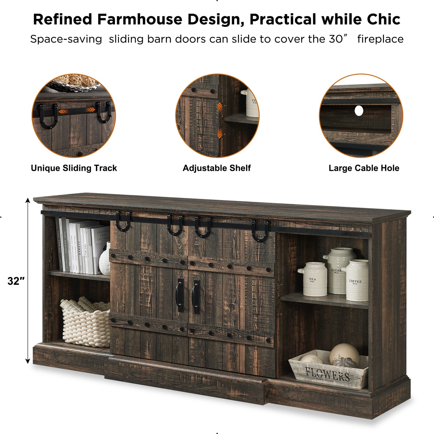 OKD Farmhouse 70" Fireplace TV Stand for TVs up to 80" , Entertainment Center with 30" Electric Fireplace, Dark Rustic Oak
