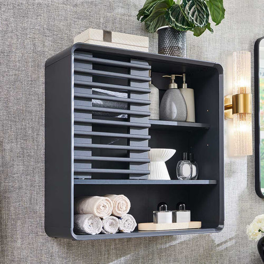 OKD Bathroom Wall Cabinet, Mid-Century Wall Mounted Storage Cabinet with Slatted Sliding Door, Adjustable Shelf