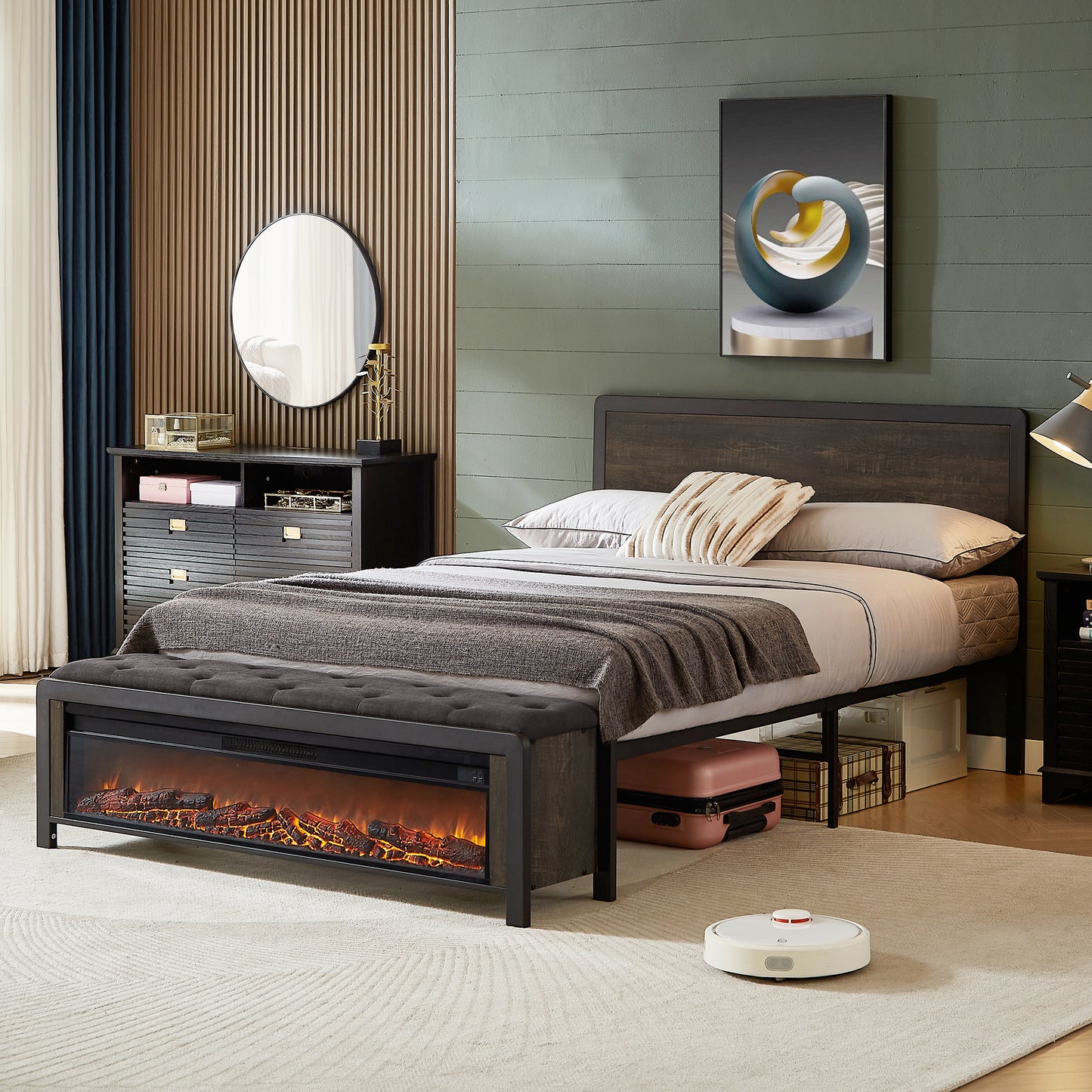 OKD Bed Frame with 48/54 Wide Electric Fireplace, Metal Platform with Button Upholstered Bench