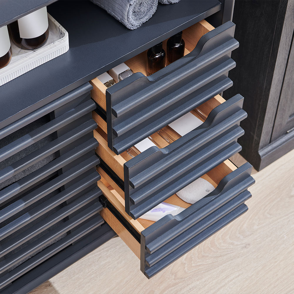 OKD Bathroom Cabinet w/3 Smooth Sliding Drawers, Storage Cabinet w/Slatted Sliding Door, Adjustable Shelf