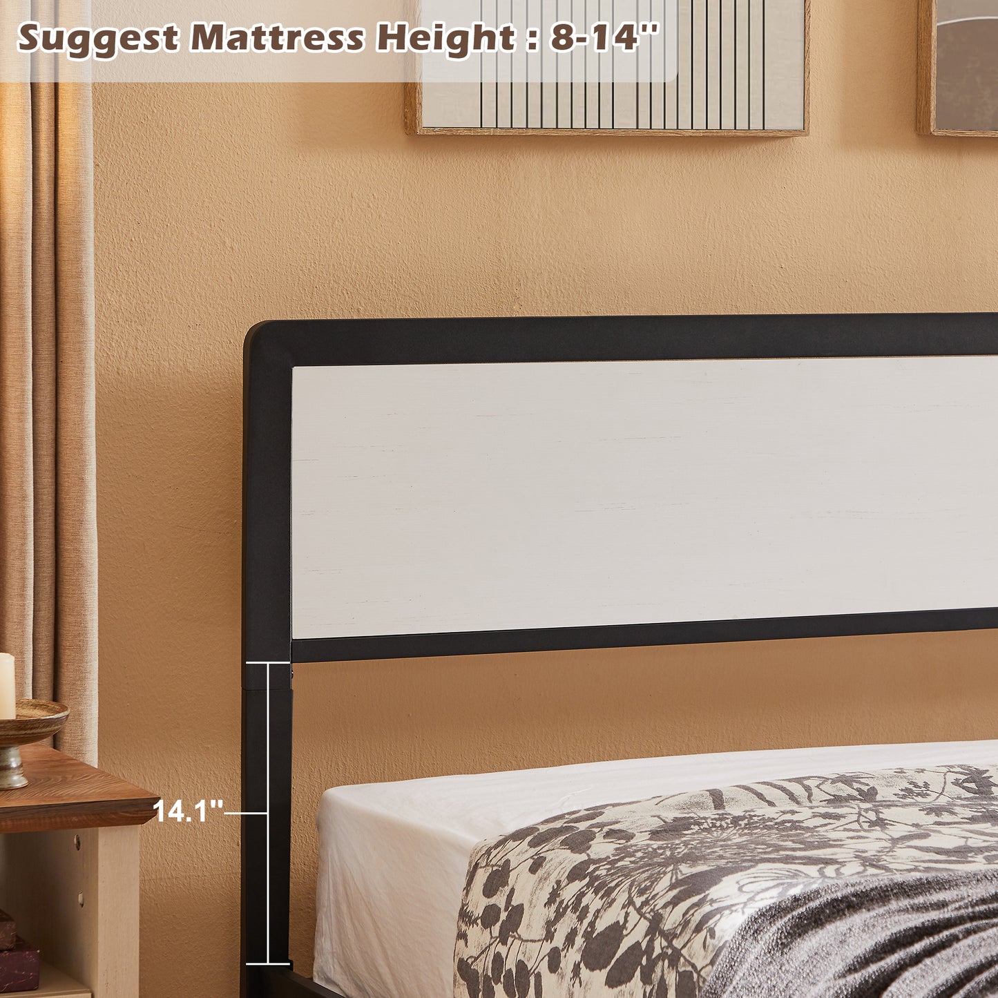 OKD Bed Frame with 48/54 Wide Electric Fireplace, Metal Platform with Button Upholstered Bench