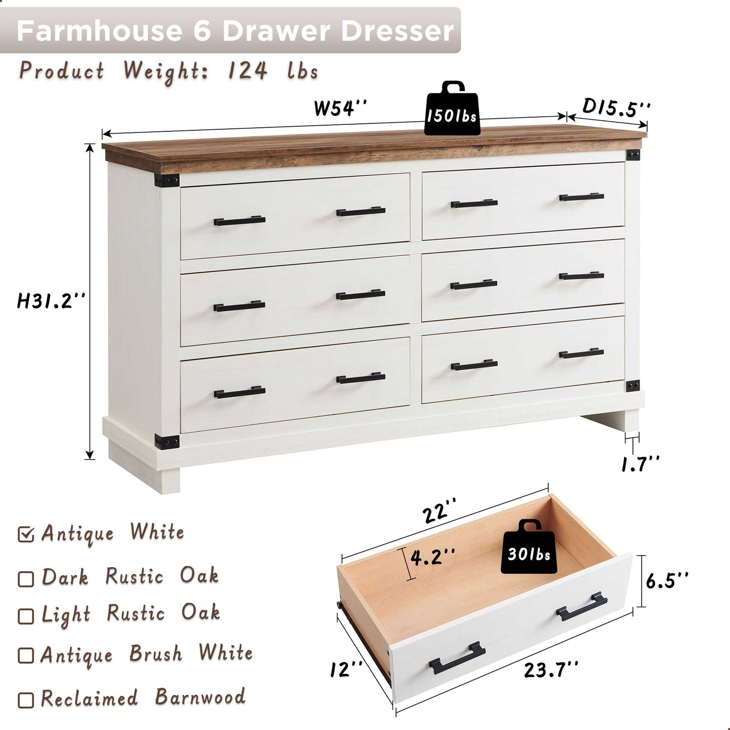 OKD Wood Farmhouse 6 Drawers Double Dresser for Bedroom