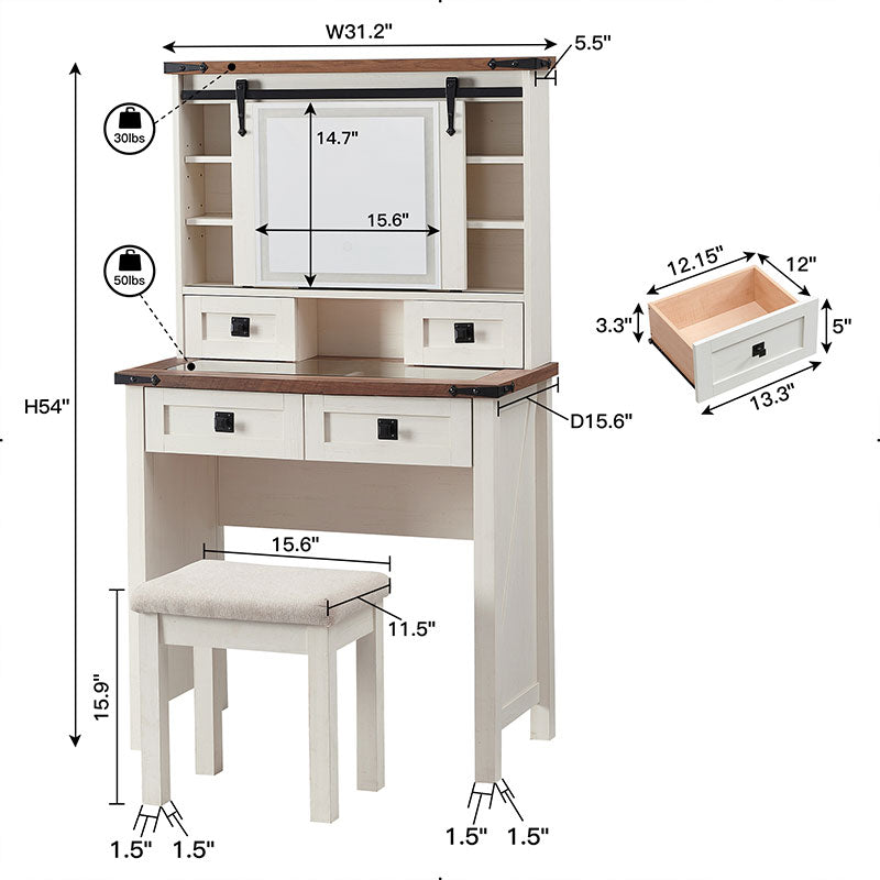 OKD Farmhouse 32 inch Makeup Vanity Desk with Sliding Mirror and Lights, Glass Tabletop