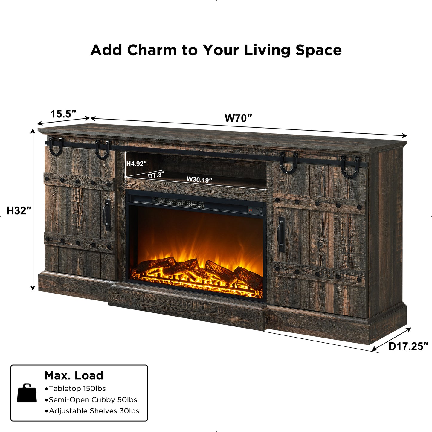 OKD Farmhouse 70" Fireplace TV Stand for TVs up to 80" , Entertainment Center with 30" Electric Fireplace, Dark Rustic Oak