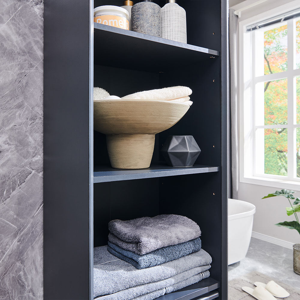 OKD 68" Tall Bathroom Storage Cabinet, Mid-Century Linen Tower with Drawer, Adjustable Shelf, Slatted Hinged Door