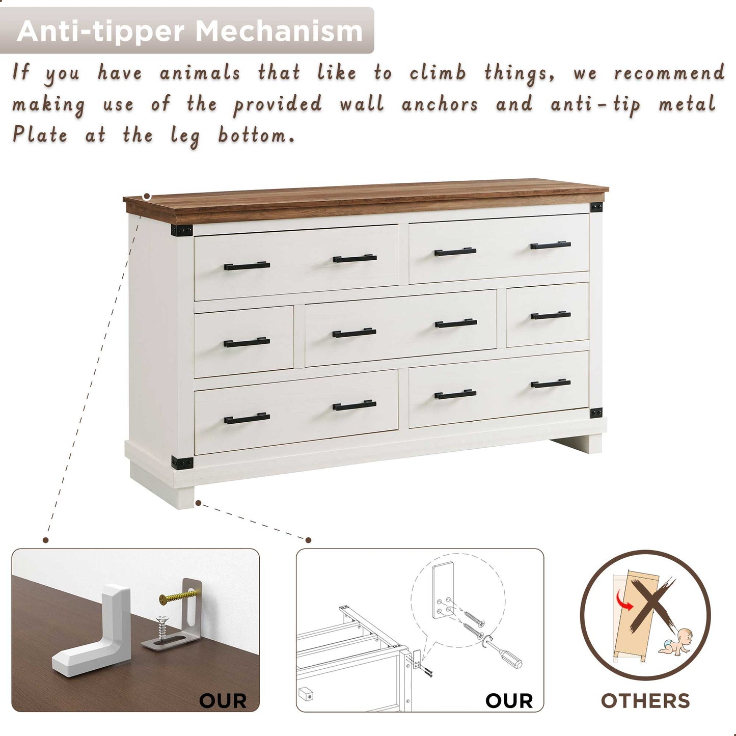 OKD Farmhouse 7 Drawers Double Dresser for Bedroom, Wood Large Dresser of Drawers