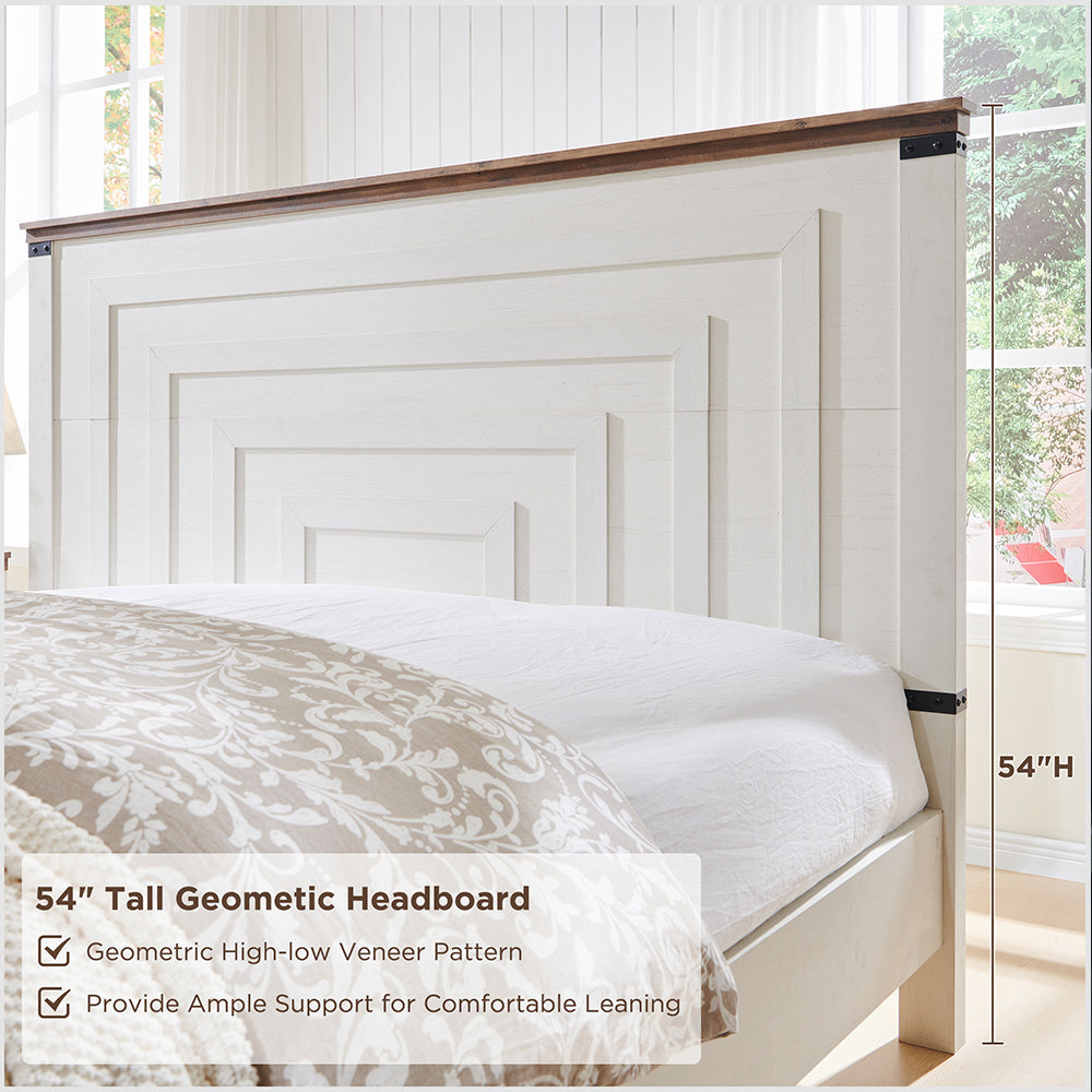 OKD Farmhouse Full/Queen/King Size Bed Frame, Geometric Headboard, 2 Large Storage Drawers