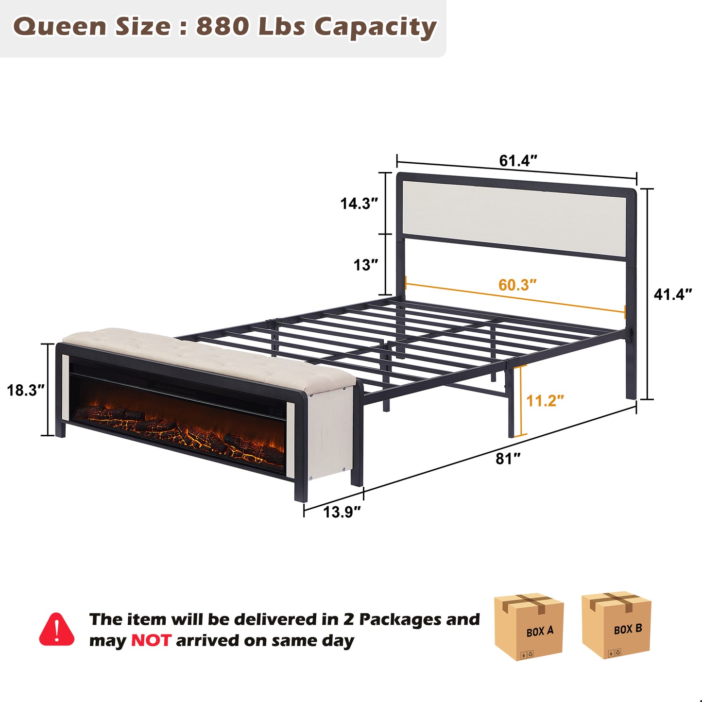 OKD Bed Frame with 48/54 Wide Electric Fireplace, Metal Platform with Button Upholstered Bench