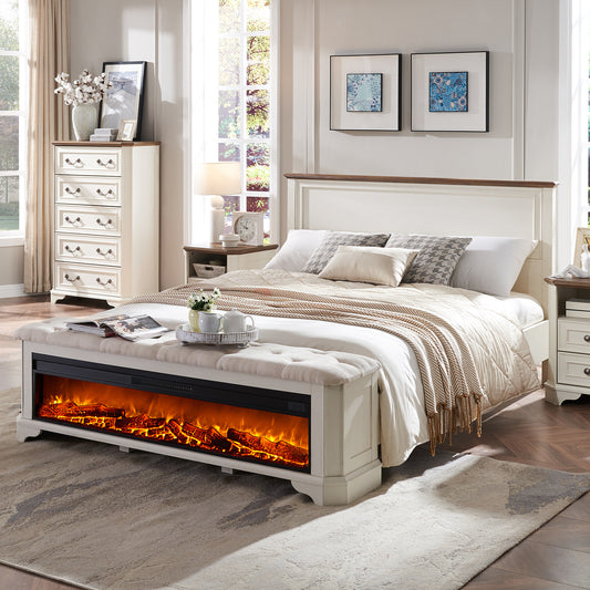 OKD Farmhouse Vintage Full Size Bed Frame with 48 Electric Fireplace