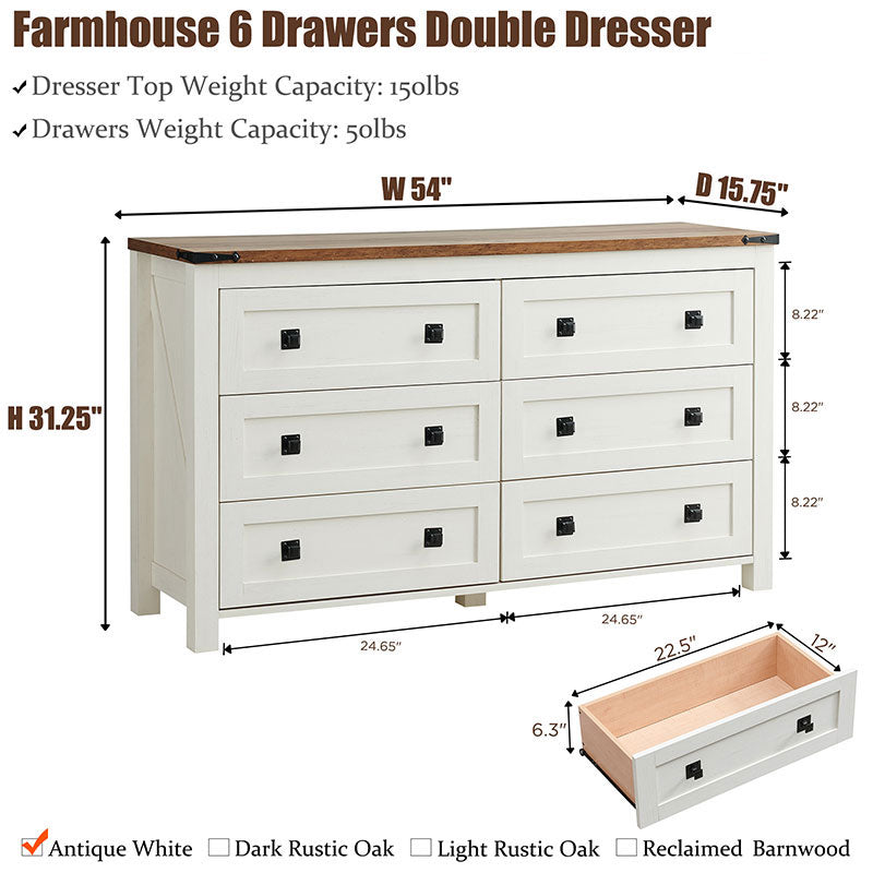 OKD Modern Farmhouse 6 Drawers Dresser, Wood Rustic Wide Chest of Drawers