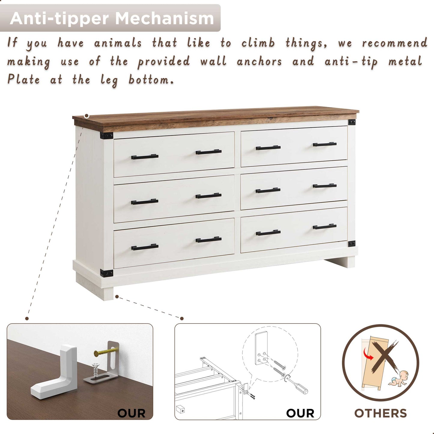 OKD Wood Farmhouse 6 Drawers Double Dresser for Bedroom