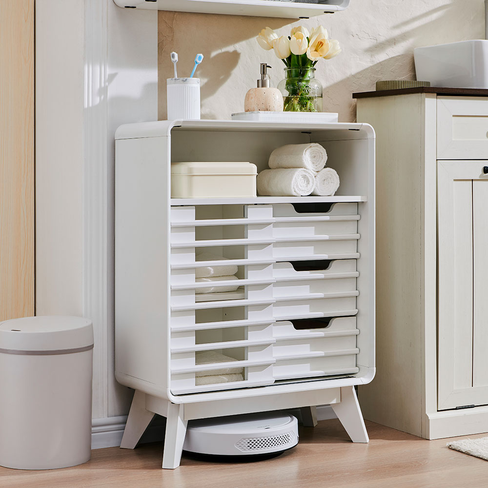 OKD Bathroom Cabinet w/3 Smooth Sliding Drawers, Storage Cabinet w/Slatted Sliding Door, Adjustable Shelf