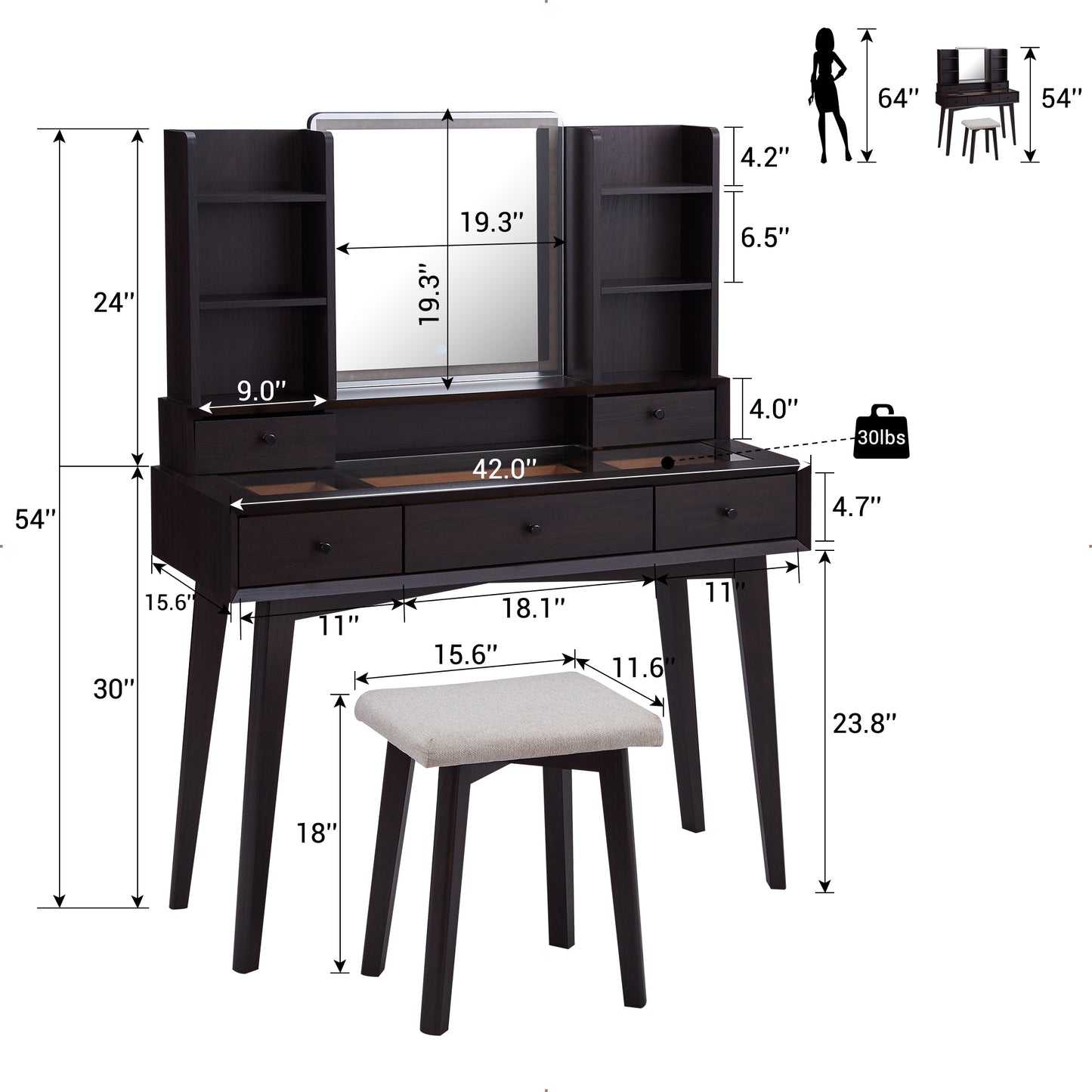 OKD 42 inch Modern Makeup Vanity Desk with Mirror and Lights
