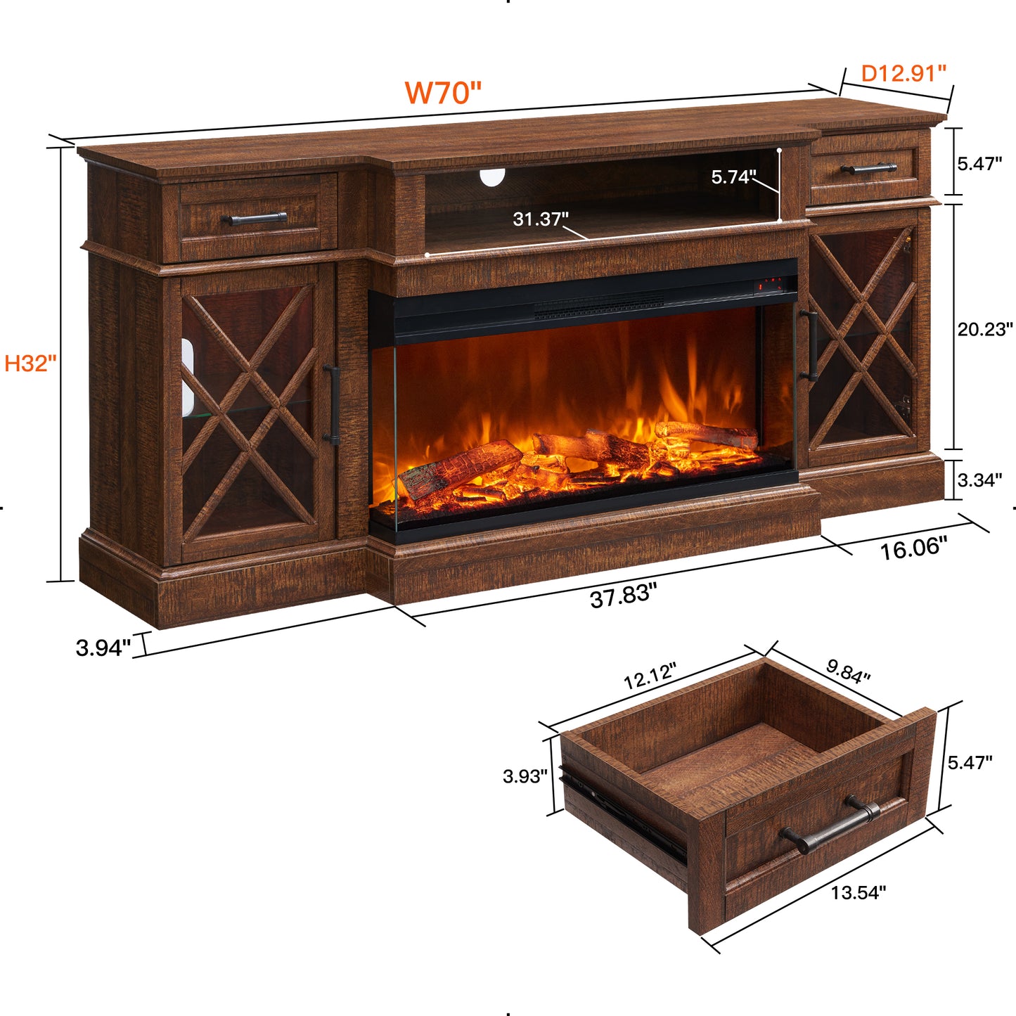 OKD 3-Sided Industrial Farmhouse Electric Fireplace TV Stand With Storage