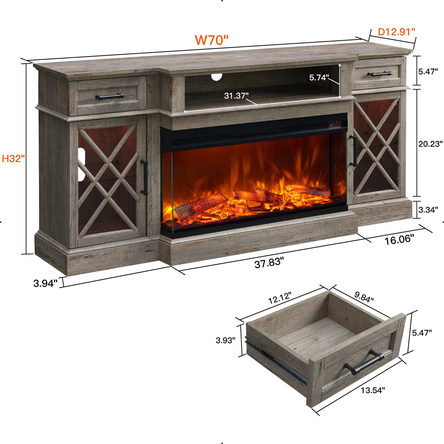 OKD 3-Sided Industrial Farmhouse Electric Fireplace TV Stand With Storage