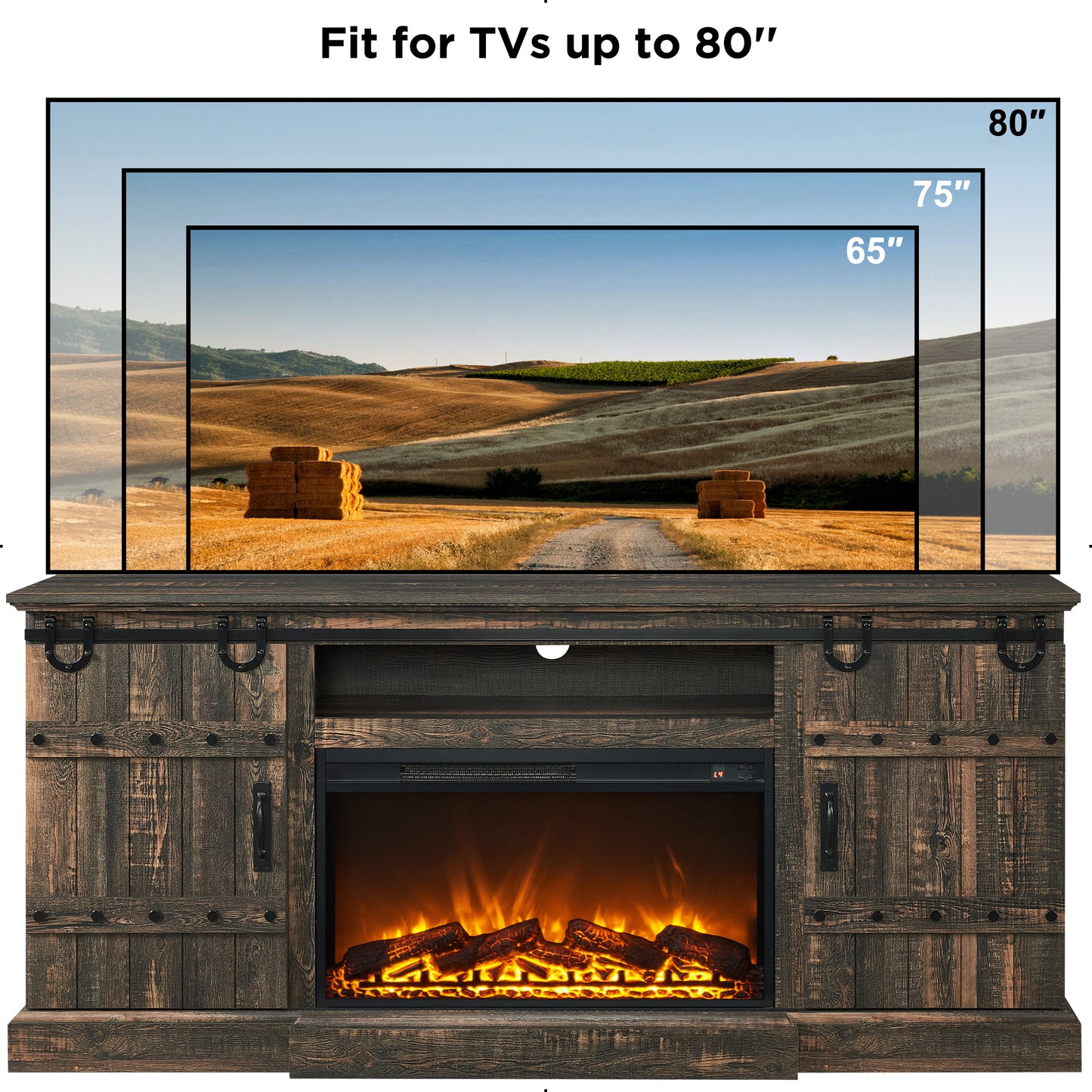 OKD Farmhouse 70" Fireplace TV Stand for TVs up to 80" , Entertainment Center with 30" Electric Fireplace, Dark Rustic Oak