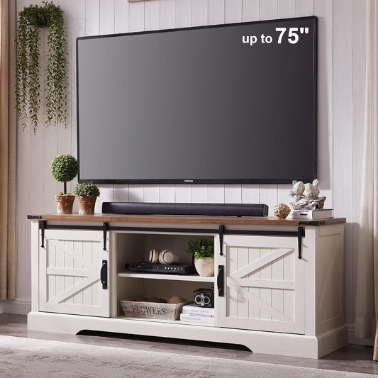 OKD Farmhouse TV Stand for 75 Inch TV with Sliding Barn Door, Rustic Wood Entertainment Center Large Media Console Cabinet Long Television Stands for 70 Inch TVs