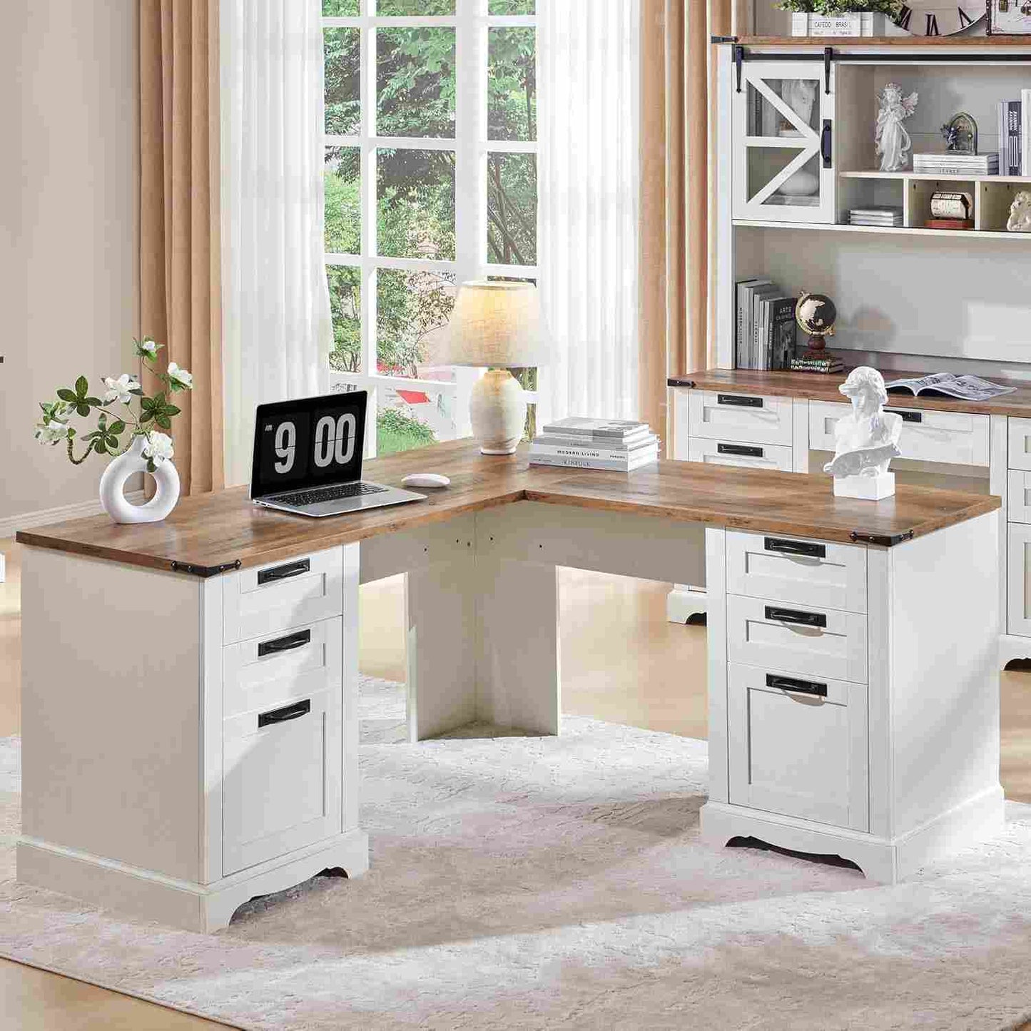 OKD 60" L-Shaped Executive Office Desk, Farmhouse Rustic Computer Writing Desk with 3 Drawers, File Cabinet & Charging Station, Home Office Corner Workstation