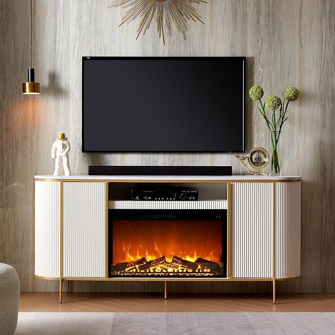 OKD Luxury Fireplace TV Stand for TVs Up to 80 inches, 70" Modern Fluted Entertainment Center with Electric Fireplace, Media Console TV Stand for Living Room