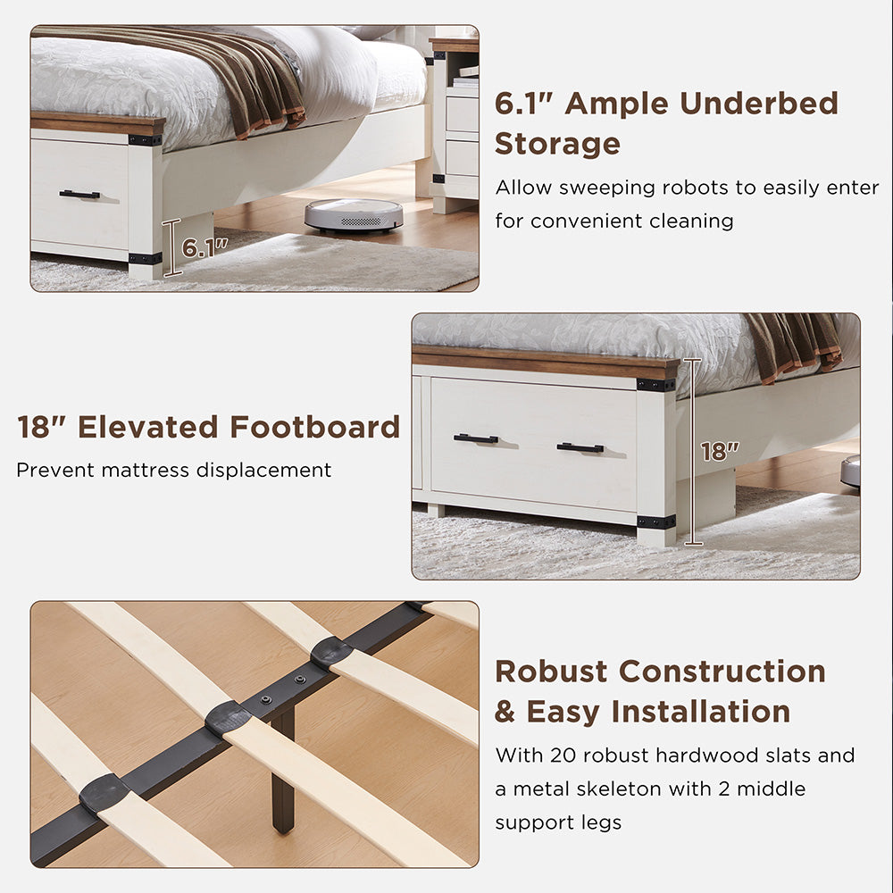 OKD Farmhouse Full/Queen/King Size Bed Frame, Geometric Headboard, 2 Large Storage Drawers