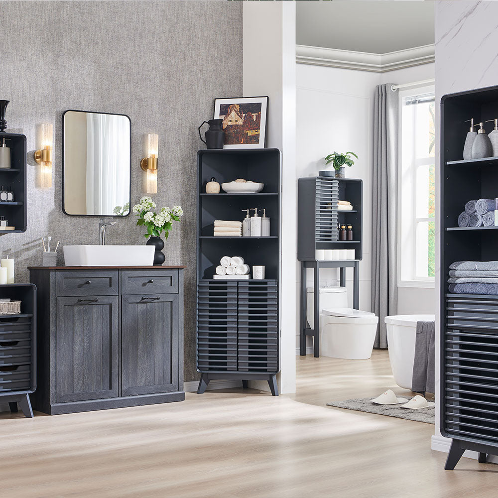 OKD Modern Corner Bathroom Cabinet 68" Tall - Adjustable Shelves Storage Organizer with Slatted Door