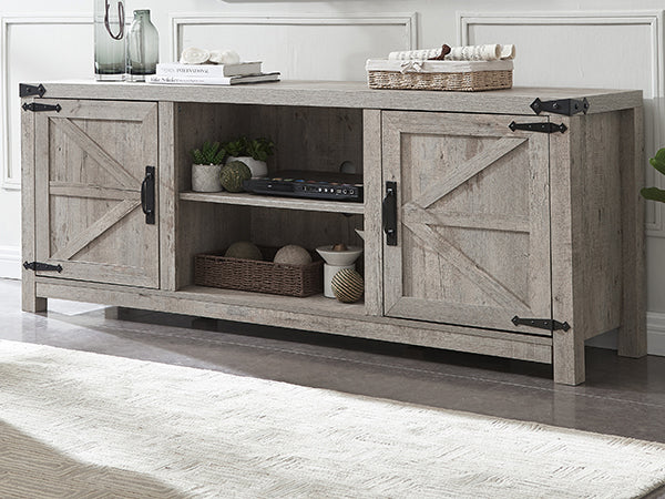 OKD Farmhouse TV Stand, Wood Barn Door Farmhouse TV Console Table with Storage Cabinets