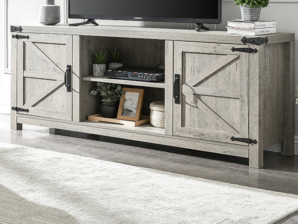 OKD Farmhouse TV Stand, Wood Barn Door Farmhouse TV Console Table with Storage Cabinets