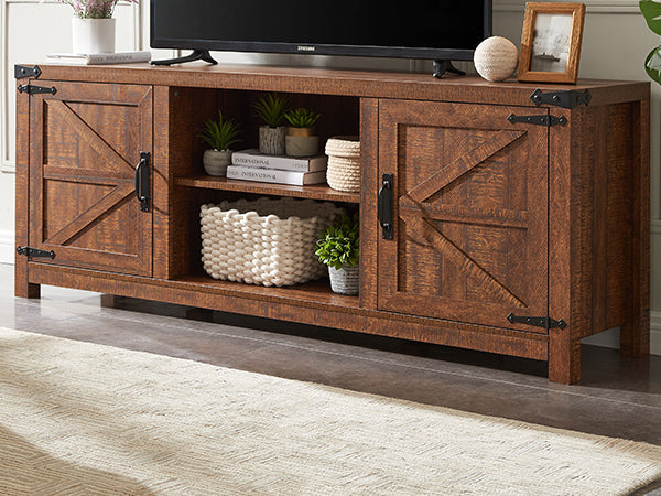 OKD Farmhouse TV Stand, Wood Barn Door Farmhouse TV Console Table with Storage Cabinets