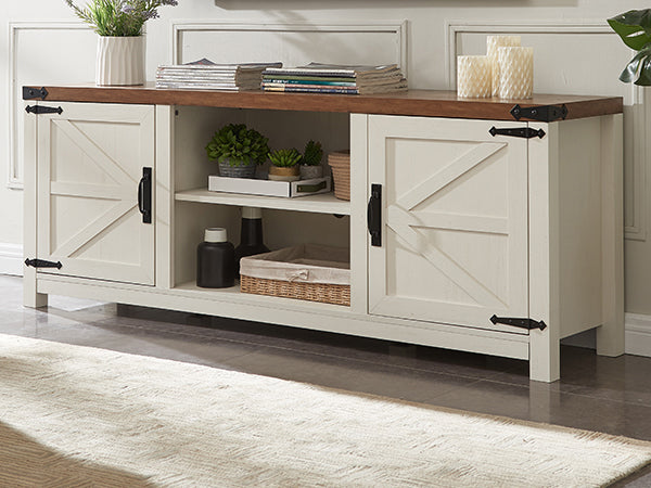 OKD Farmhouse TV Stand, Wood Barn Door Farmhouse TV Console Table with Storage Cabinets
