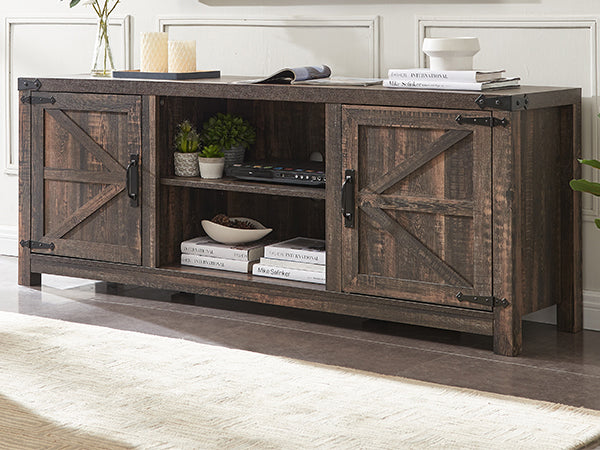 OKD Farmhouse TV Stand, Wood Barn Door Farmhouse TV Console Table with Storage Cabinets