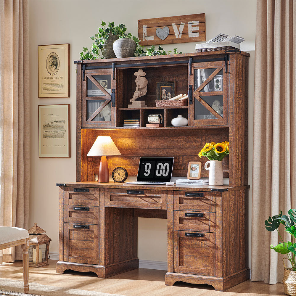 OKD 60 inch Farmhouse Desk with Hutch, Wood Home Office Executive Desk with Drawer and Charging Station