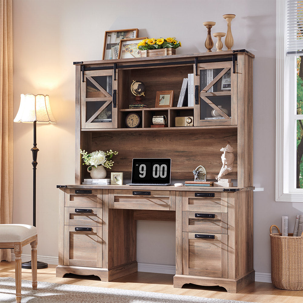 OKD 60 inch Farmhouse Desk with Hutch, Wood Home Office Executive Desk with Drawer and Charging Station