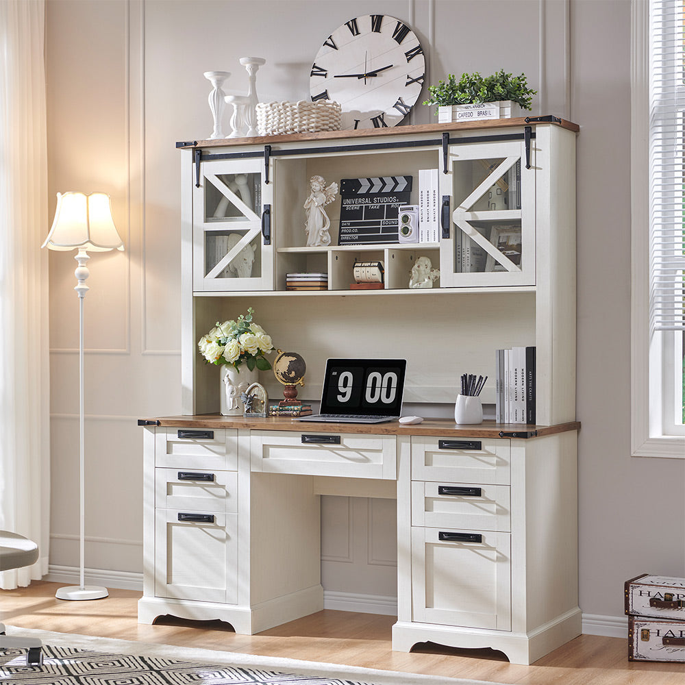 OKD 60 inch Farmhouse Desk with Hutch, Wood Home Office Executive Desk with Drawer and Charging Station