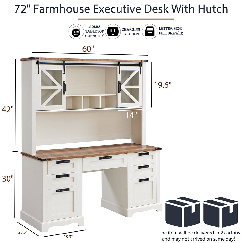 OKD 60 inch Farmhouse Desk with Hutch, Wood Home Office Executive Desk with Drawer and Charging Station
