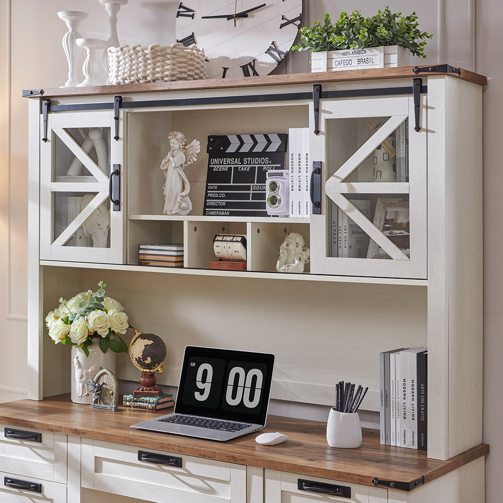 OKD 60 inch Farmhouse Desk with Hutch, Wood Home Office Executive Desk with Drawer and Charging Station