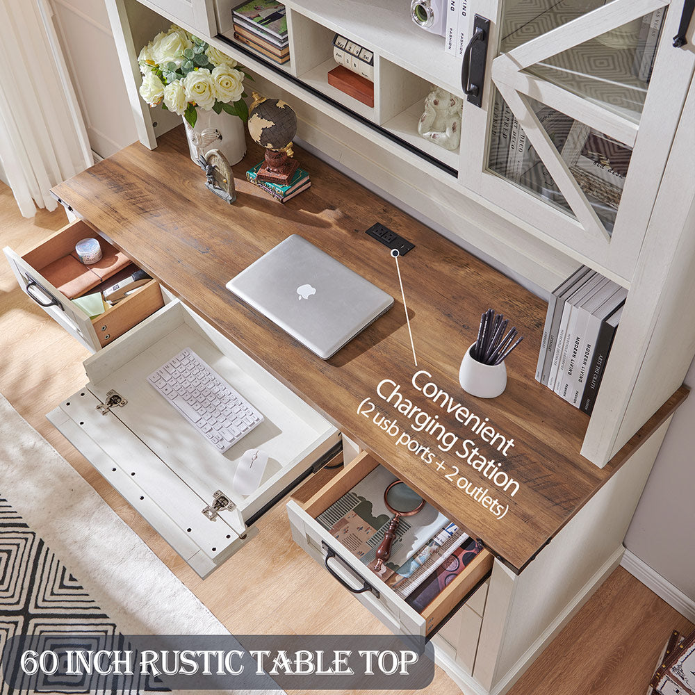 OKD 60 inch Farmhouse Desk with Hutch, Wood Home Office Executive Desk with Drawer and Charging Station