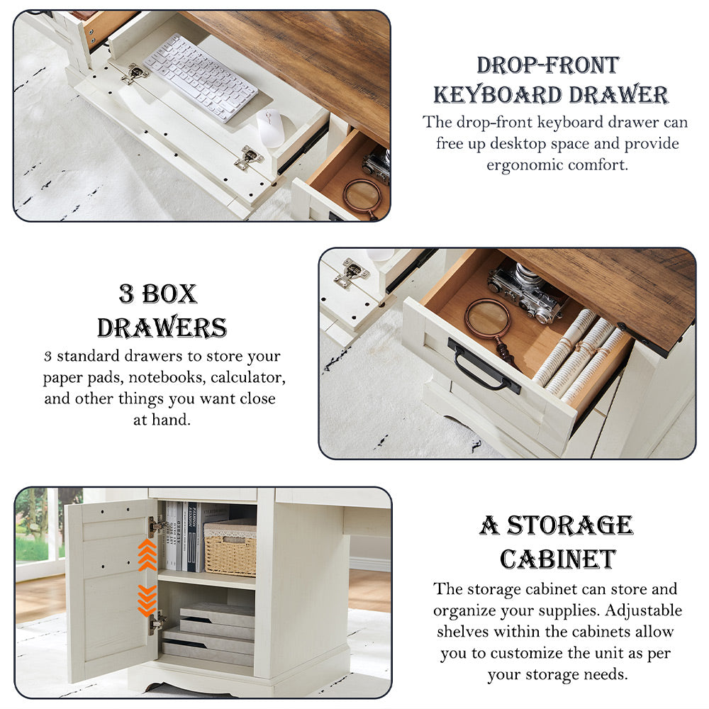 OKD 60 inch Farmhouse Desk with Hutch, Wood Home Office Executive Desk with Drawer and Charging Station