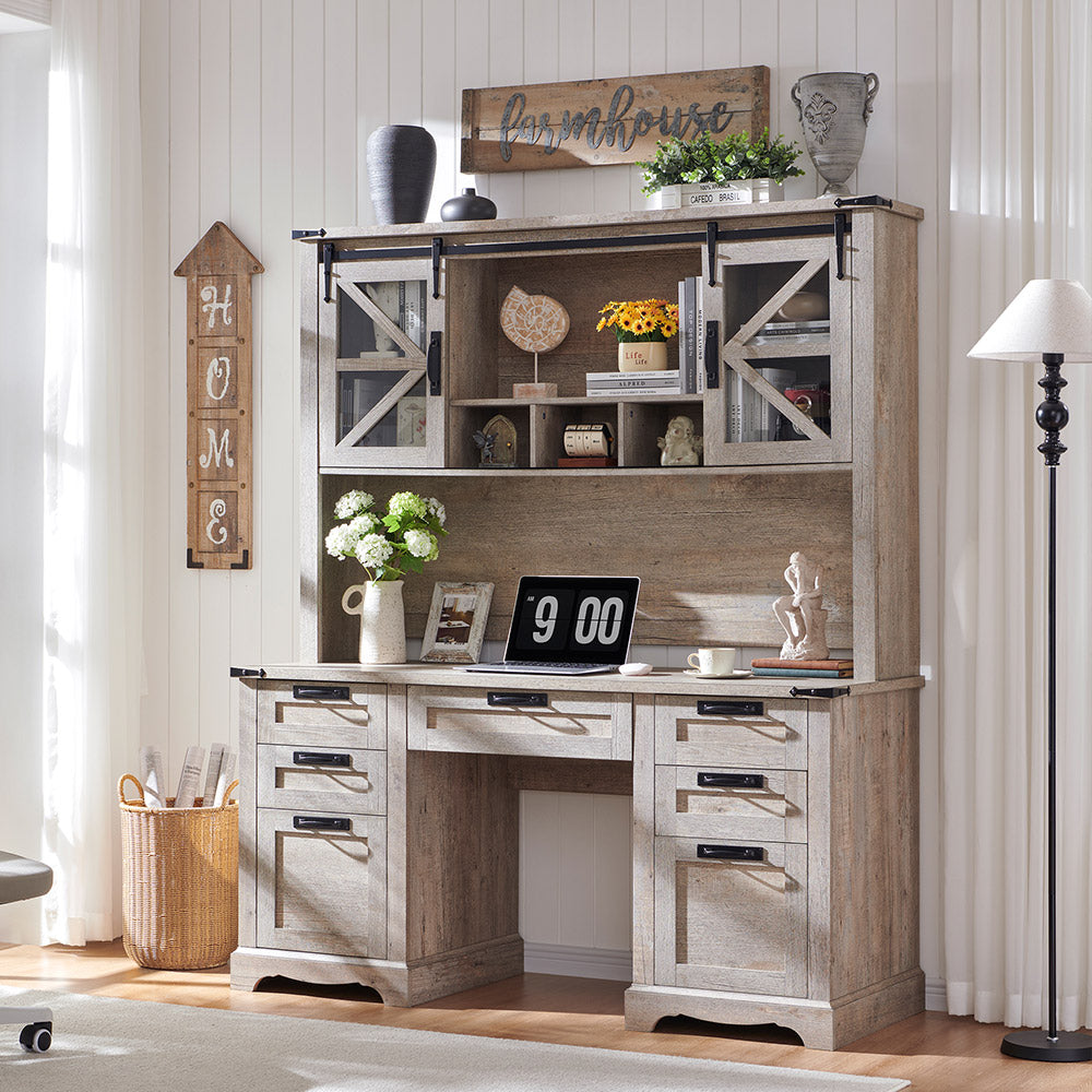 OKD 60 inch Farmhouse Desk with Hutch, Wood Home Office Executive Desk with Drawer and Charging Station