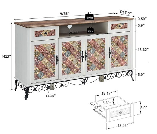 OKD Boho Sideboard Buffet Cabinet, 58" Kitchen Storage Cabinet with 2 Drawers